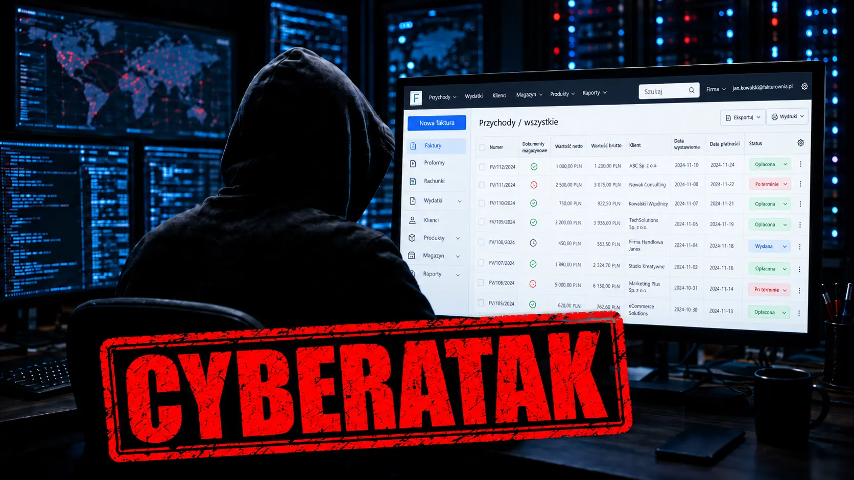 Illustration of a cyberattack affecting Fakturownia