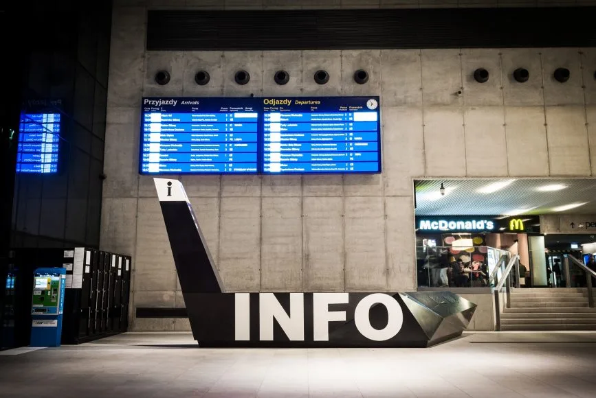 Railway station and passenger train in Poland